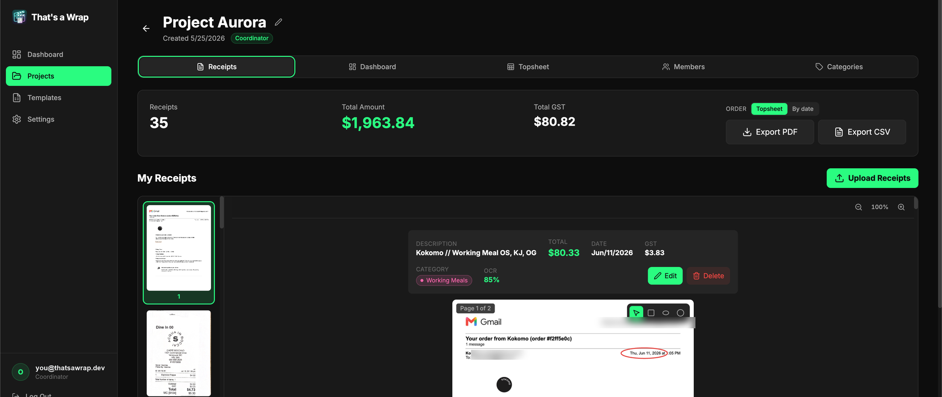 Receipts view with auto-extracted totals, GST and OCR confidence