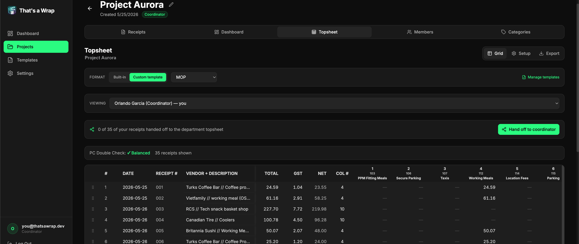 Topsheet laid out in production's custom MOP format, PC double-check balanced
